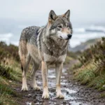 Vancouver Island Wolf – Isolated Population, Ecology, Diet, And Conservation Guide Gray wolf standing on a coastal trail on Vancouver Island with foggy shoreline in the distance.