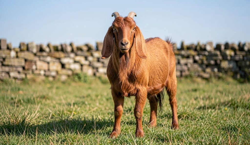Verata goat grazing in a field with stone wall in background