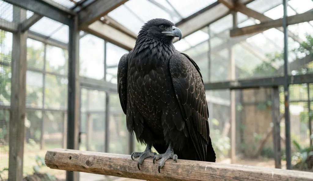 A Verreaux Eagle perched inside a large aviary with wings folded and head turned under natural light.