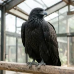 A Verreaux Eagle perched inside a large aviary with wings folded and head turned under natural light.