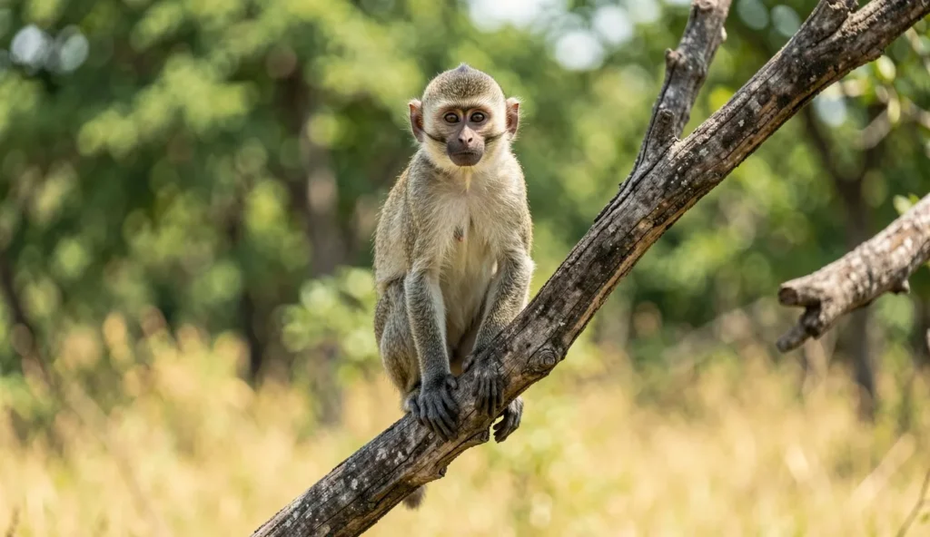Young vervet monkey perched on a branch in a sunlit savanna