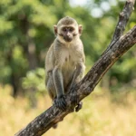 Young vervet monkey perched on a branch in a sunlit savanna