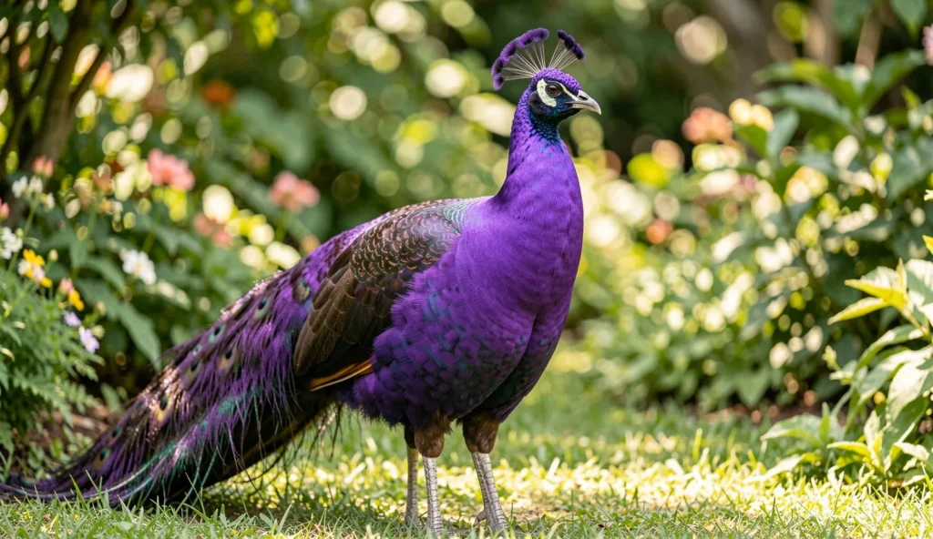 Violet Peafowl with iridescent violet plumage in a garden setting