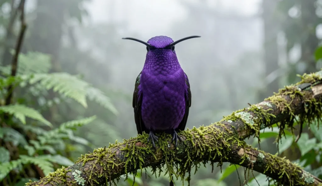 Violet Sabrewing perched in a cloud forest with violet plumage and long curved bill.