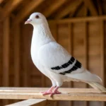 A white Voorburg Shield pigeon with black wing shields standing on a wooden perch in a sunlit pigeon loft