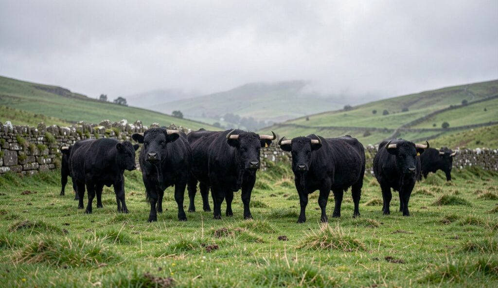 A herd of Welsh Black cattle grazing on a misty hillside in Wales with stone walls and rolling green pastures