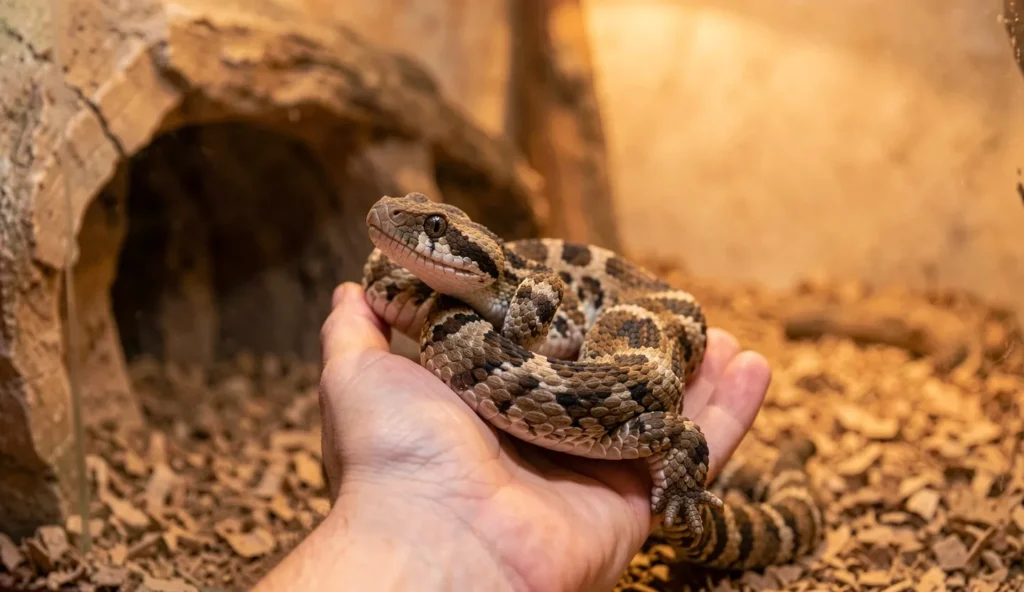 A western hognose snake resting on a handler’s hand with the warm side of its enclosure in the background.