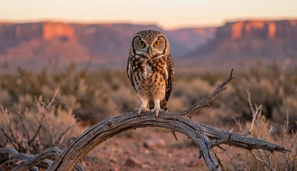 Western Screech Owl perched on a branch in desert scrub at dusk
