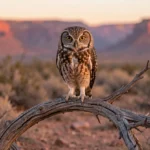 Western Screech Owl – Desert Dweller of the West & Complete Breed Guide Western Screech Owl perched on a branch in desert scrub at dusk