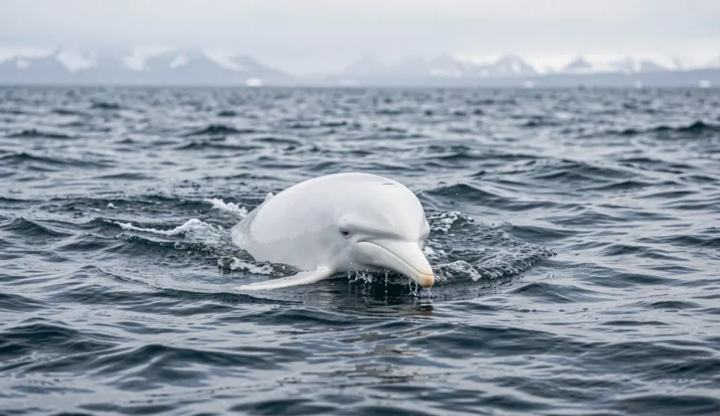A white-beaked dolphin surfaces in cold arctic ocean water with its pale beak visible and misty northern conditions in the background.