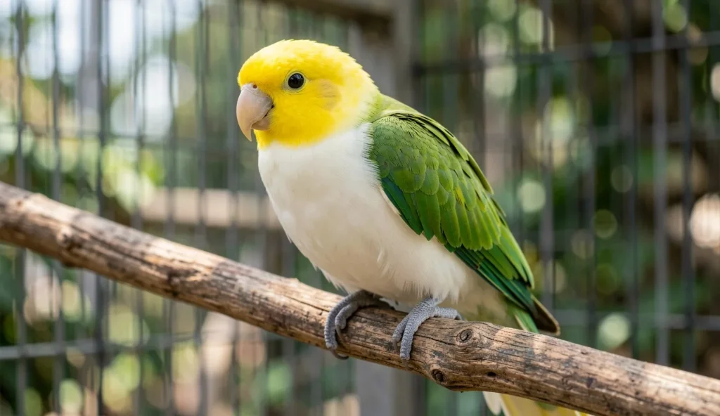 White Bellied Caique parrot sitting on a wooden perch with white belly and yellow head visible.