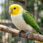 White Bellied Caique – Temperament, Compatibility & Complete Breed Guide White Bellied Caique parrot sitting on a wooden perch with white belly and yellow head visible.