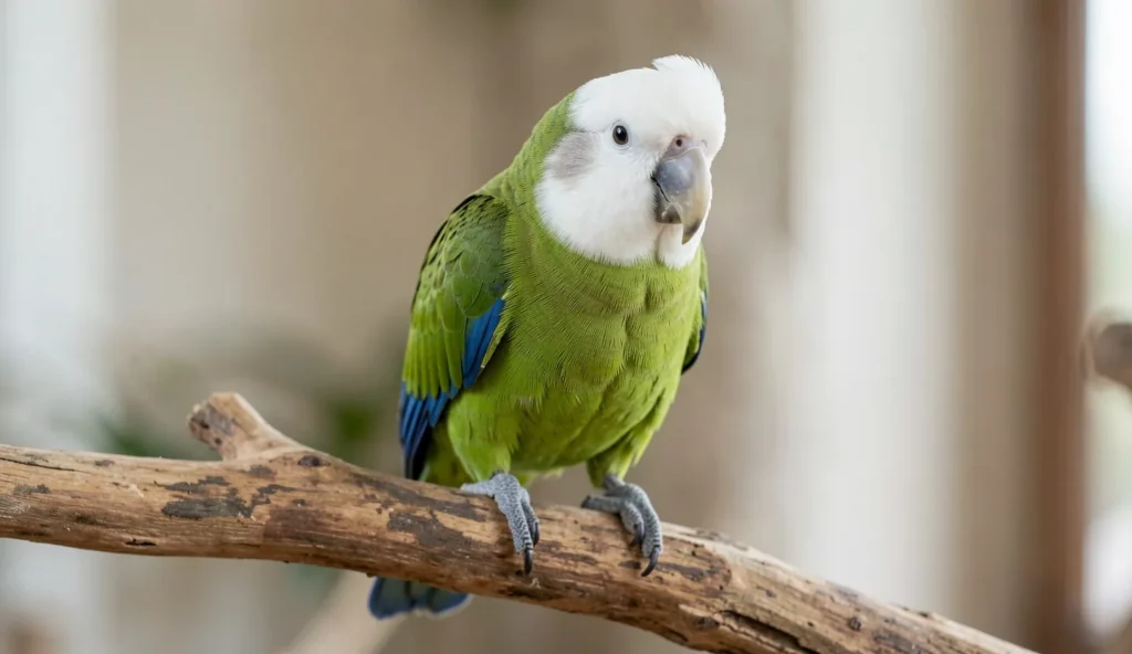 White Capped Pionus parrot perched on a wooden branch showing its white cap and green plumage