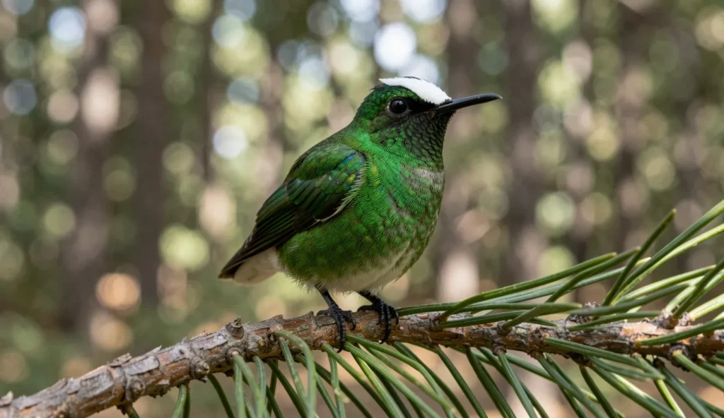 White-Eared Hummingbird perched on a branch with visible white ear stripe behind the eye and vivid green plumage.
