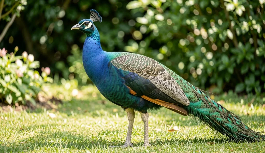 Side profile of a White Eyed Peafowl with pale eye ring in a sunny garden