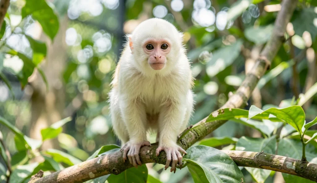 White-Faced Capuchin monkey perched on a branch in a bright enclosure