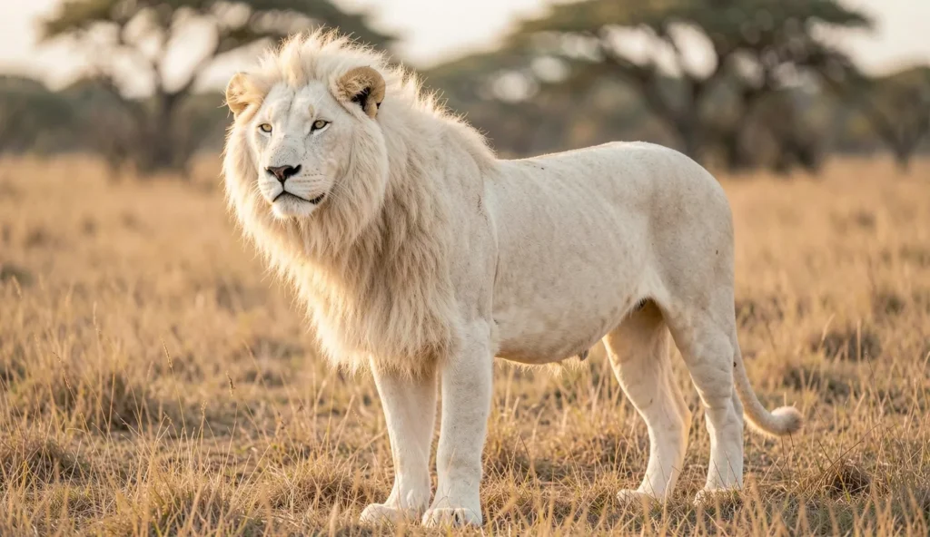 White lion standing on savannah grass with a pale mane in warm daylight and a softly blurred natural background.