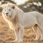 White Lion Breed Information – Genetic Basis, Lifespan, Care Guide & Breeding Facts White lion standing on savannah grass with a pale mane in warm daylight and a softly blurred natural background.