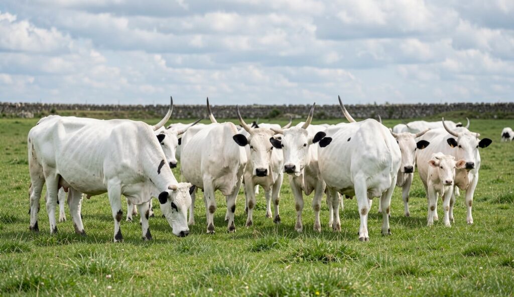 White Park cattle grazing on a green pasture with black points visible on ears, nose, and hooves.