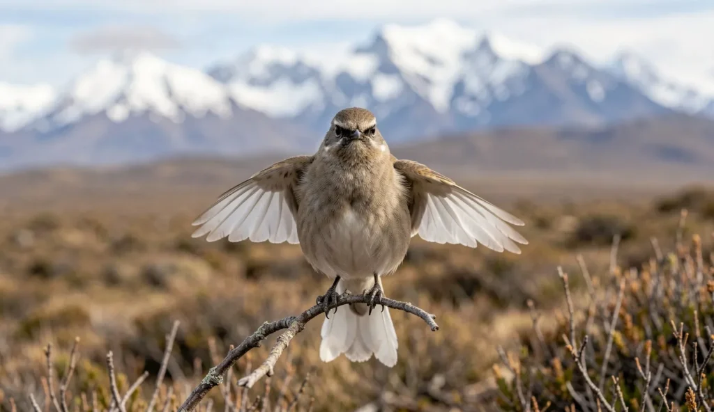 White-Tailed Hillstar perched in the high Andes with white tail feathers visible