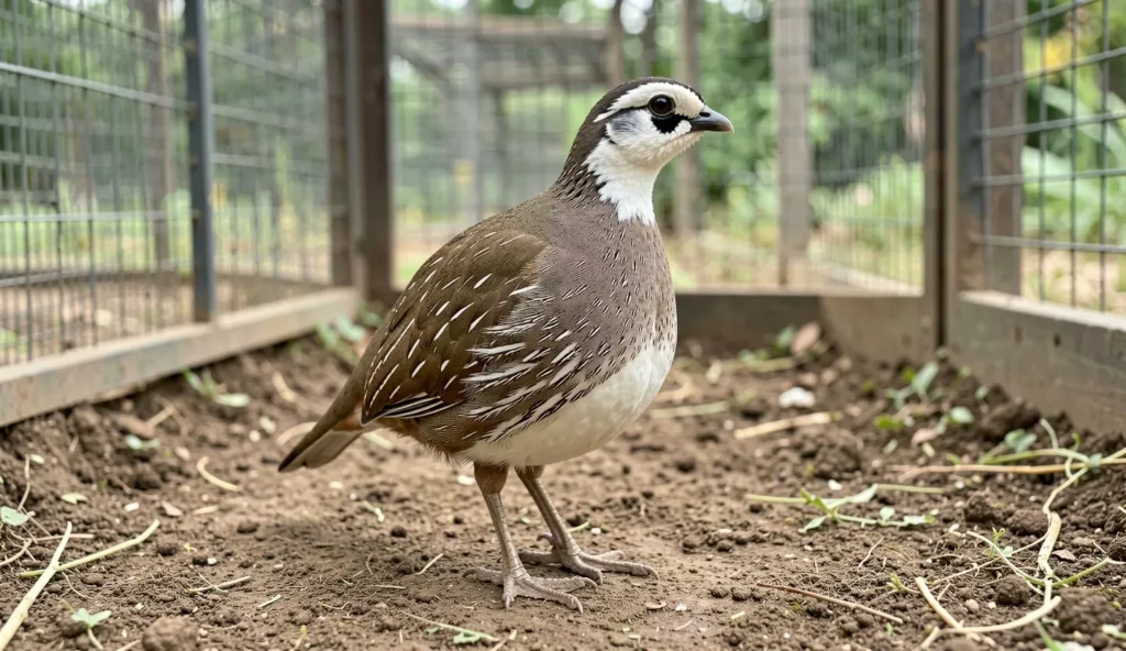 A White-Throated Francolin standing on the ground inside a secure aviary enclosure in natural light.