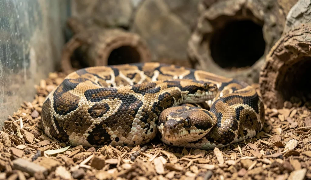 A woma python resting calmly in a hide inside a secure reptile enclosure with warm lighting and appropriate substrate.