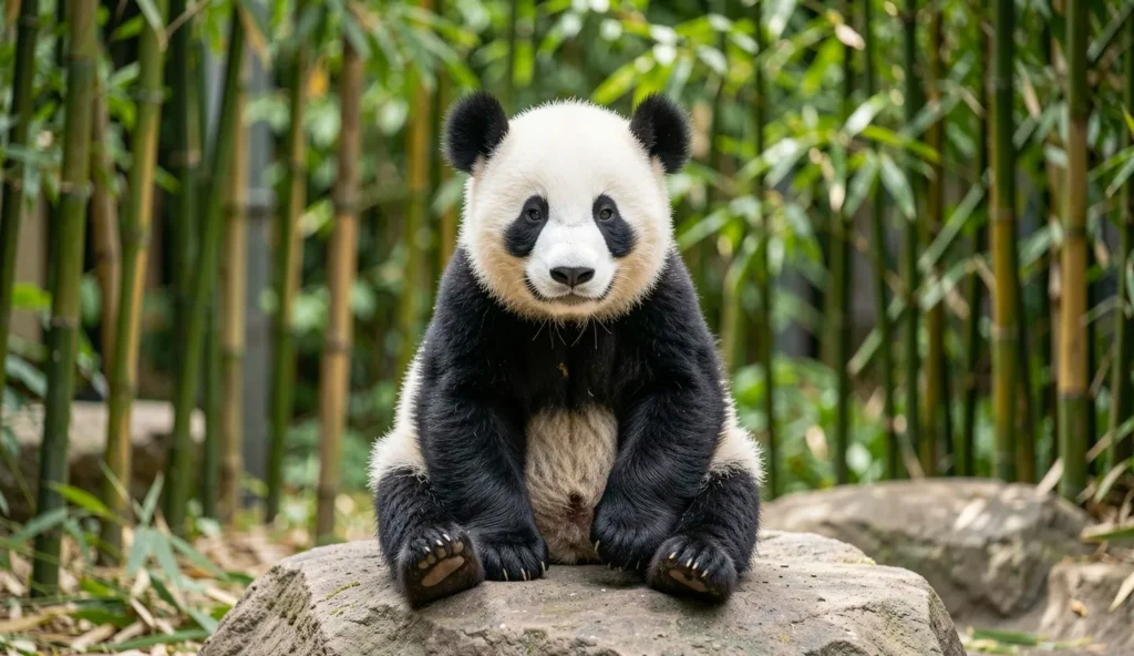 Young panda cub Xiao Liwu sitting on a rock in a San Diego Zoo enclosure with bamboo.
