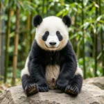 Young panda cub Xiao Liwu sitting on a rock in a San Diego Zoo enclosure with bamboo.