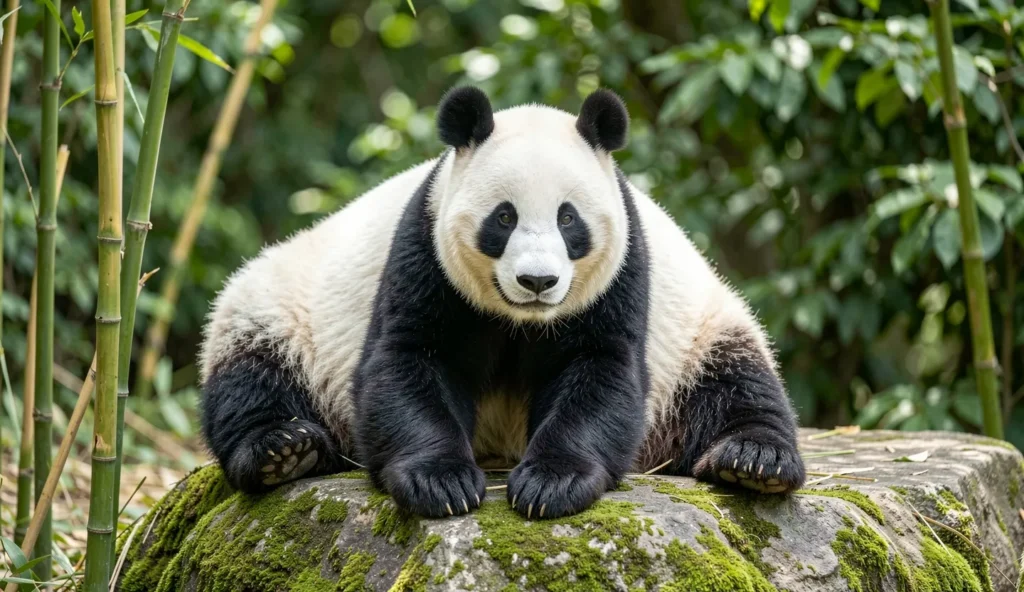 Male giant panda Xing Ya in Madrid Zoo outdoor enclosure with bamboo nearby.