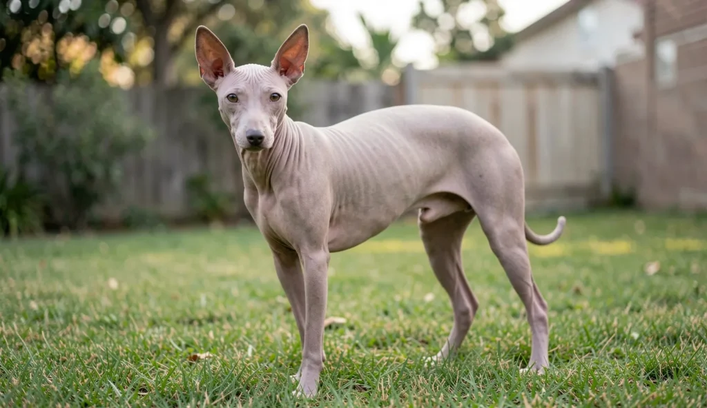 Hairless Xoloitzcuintli standing in a yard with ears alert and relaxed posture in natural daylight.