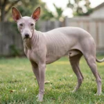 Xoloitzcuintli – The Ancient Mexican Hairless Dog & Complete Care Guide Hairless Xoloitzcuintli standing in a yard with ears alert and relaxed posture in natural daylight.