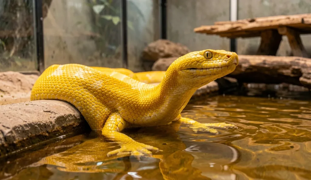 A yellow anaconda resting partially submerged in warm enclosure water with its head raised near a nearby dry basking area.