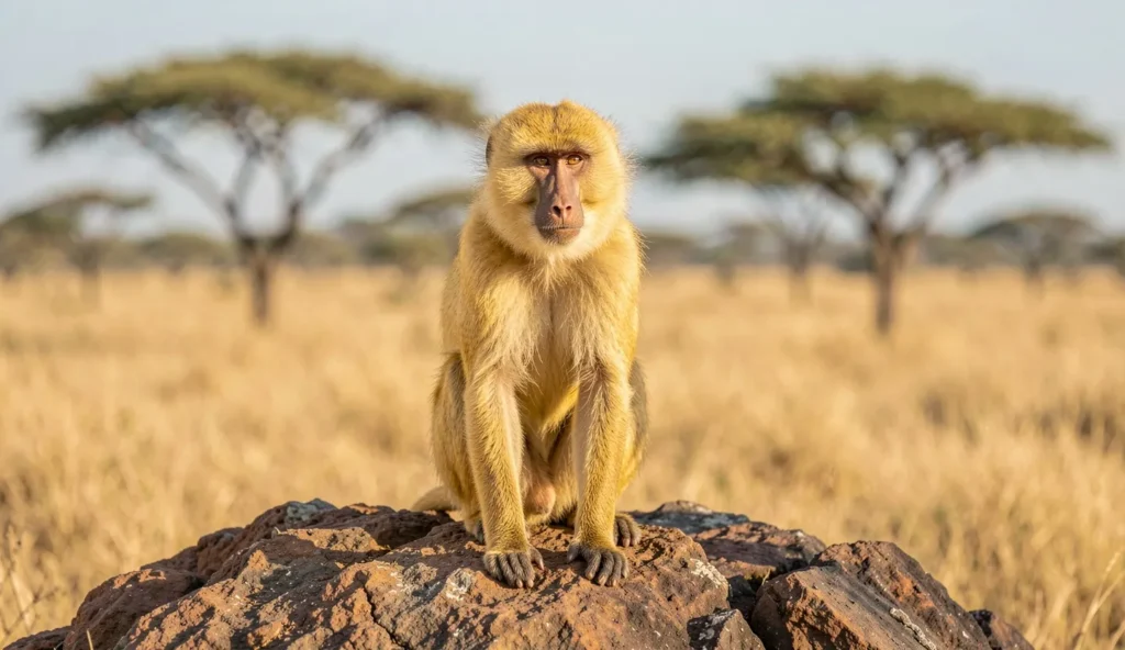 Adult Yellow Baboon on a rocky outcrop in an East African savanna