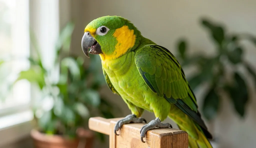Close-up of a Yellow Naped Amazon parrot with yellow nape patch, perched on a wooden stand, appearing to vocalize or talk.