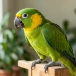Yellow Naped Amazon Parrot – Talking Ability, Speech Clarity & Complete Care Guide Close-up of a Yellow Naped Amazon parrot with yellow nape patch, perched on a wooden stand, appearing to vocalize or talk.