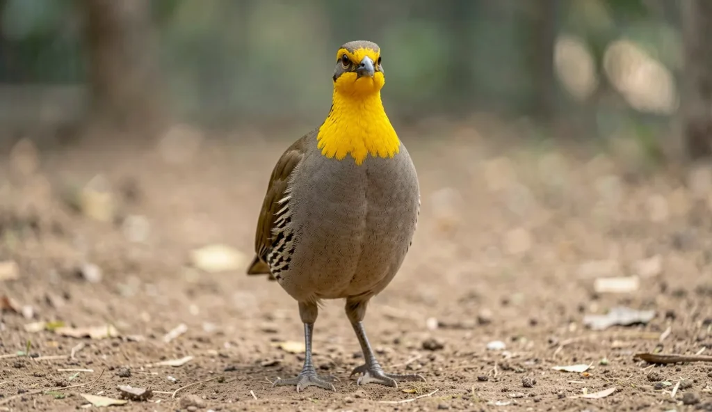 A Yellow-Necked Francolin standing alert with its yellow neck feathers visible in a dry aviary setting.