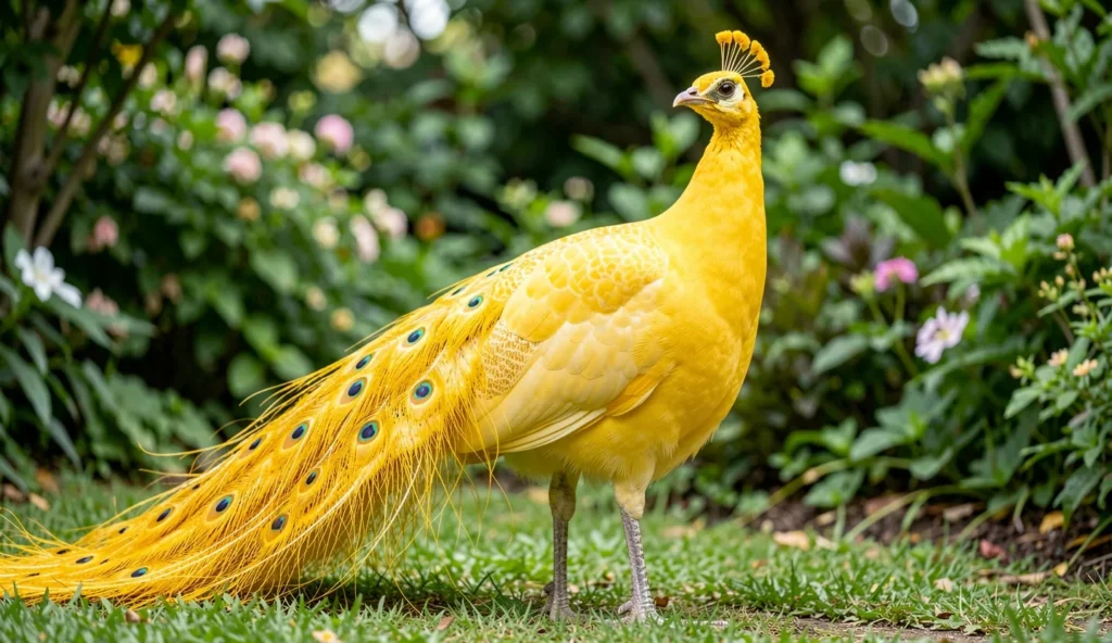 Close up of a Yellow Peafowl in a garden showing golden plumage