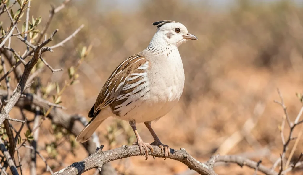 Close up of a Yemen Francolin leucistic morph perched on a branch in a natural setting