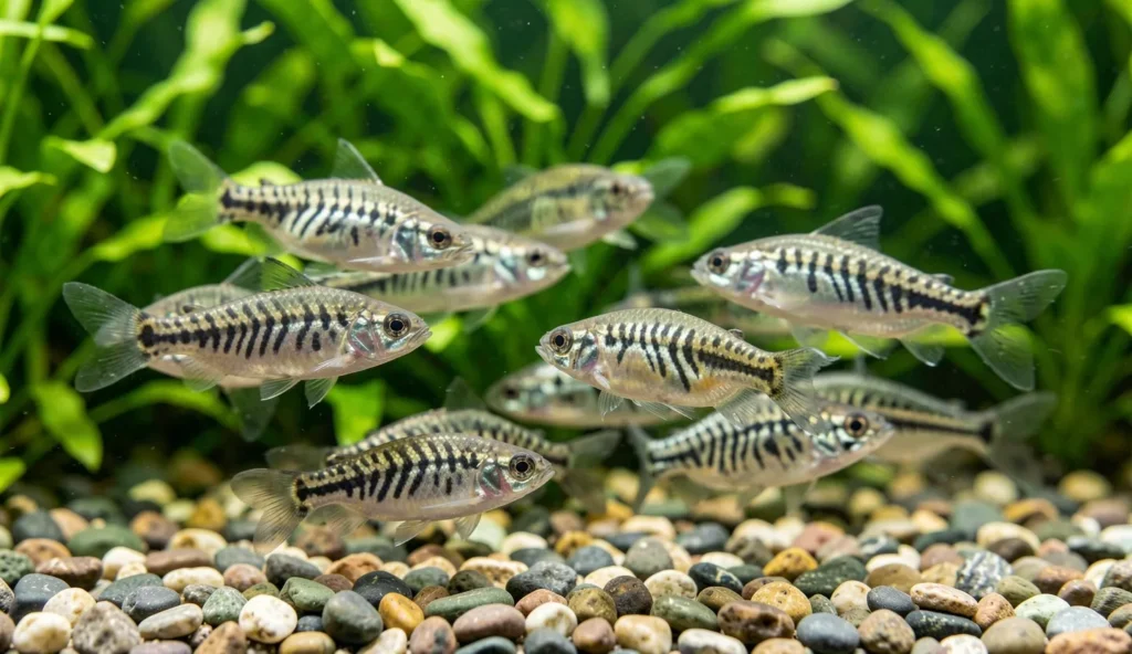Zebra danio fish school together in an aquarium with visible stripes and active swimming motion.
