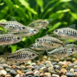 Zebra danio fish school together in an aquarium with visible stripes and active swimming motion.