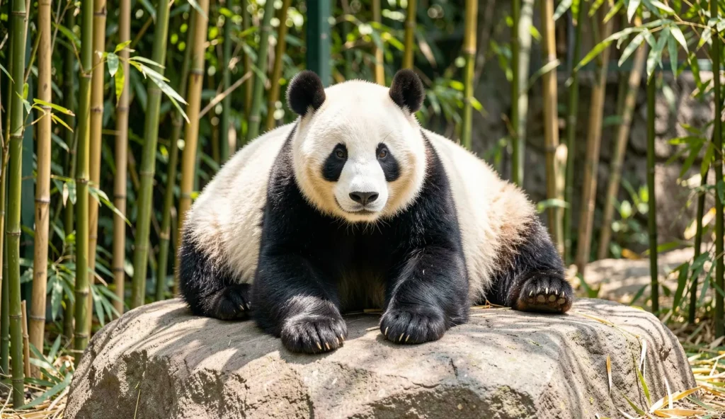 Portrait of Zhen Zhen Panda resting among bamboo at the San Diego Zoo